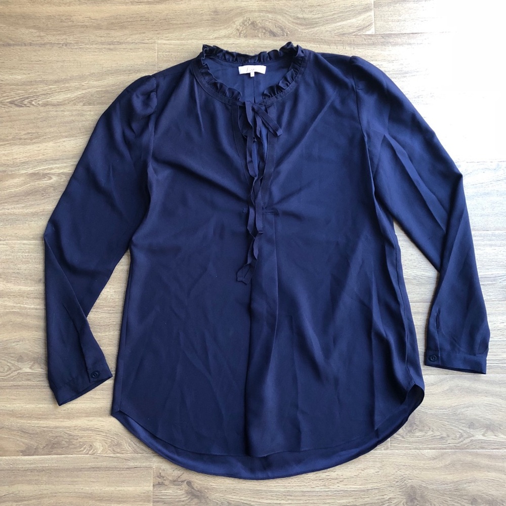 Parker Ruffle Split Neck Tunic Aquarius Navy Blue - image 1